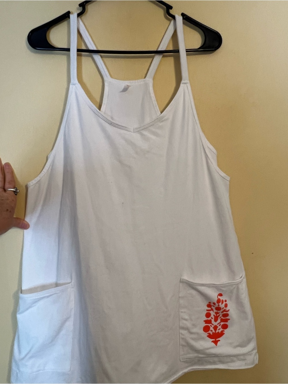 Free People White Tank Dress over body shorts with orange flower on pocket